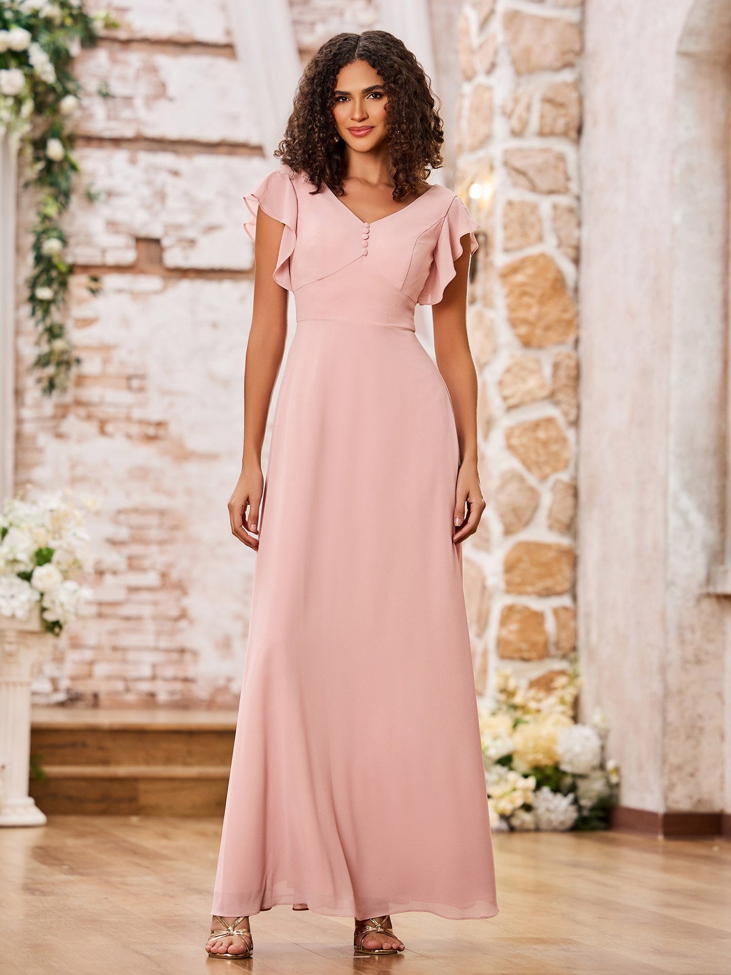 V-neck A-line Flutter Sleeves Long Chiffon Dresses Dusty Rose