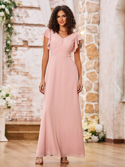V-neck A-line Flutter Sleeves Long Chiffon Dresses Dusty Rose