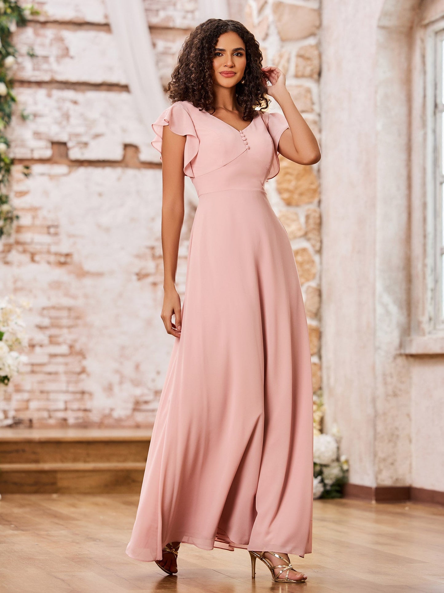 V-neck A-line Flutter Sleeves Long Chiffon Dresses Dusty Rose