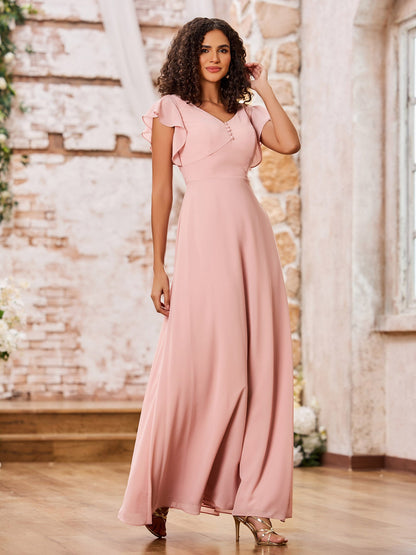 V-neck A-line Flutter Sleeves Long Chiffon Dresses Dusty Rose