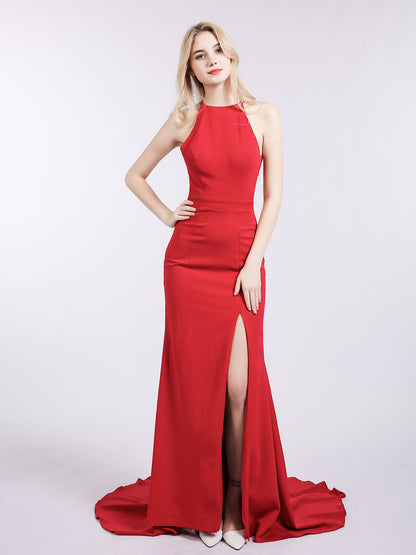 Halter Mermaid Jersy Gown with Slit-Red