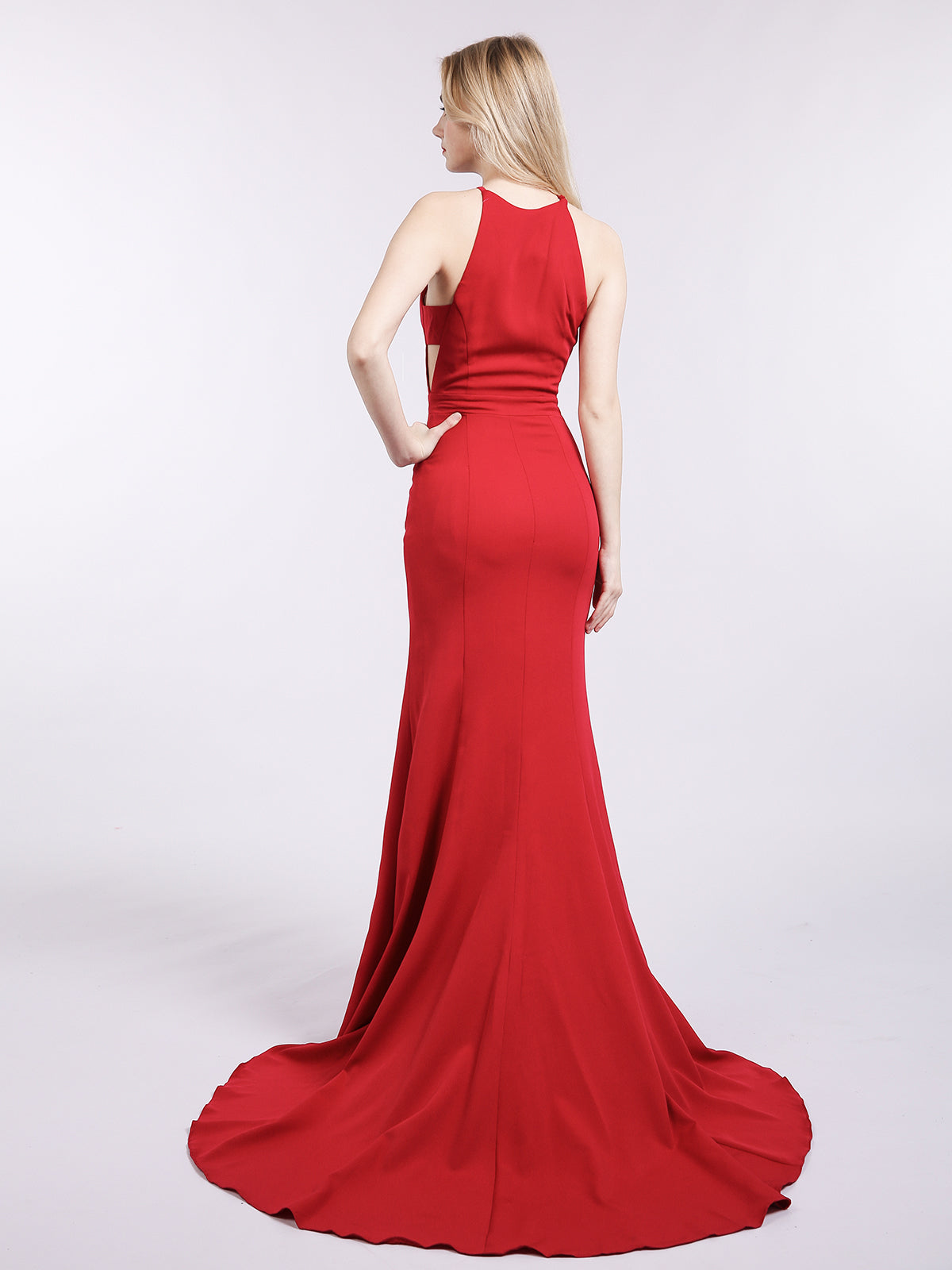 Halter Mermaid Jersy Gown with Slit-Red