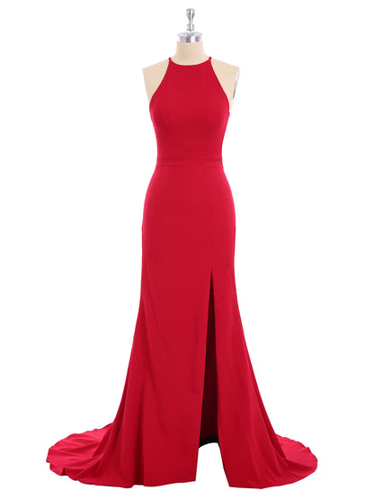 Halter Mermaid Jersy Gown with Slit-Red
