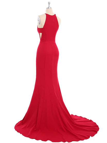 Halter Mermaid Jersy Gown with Slit-Red