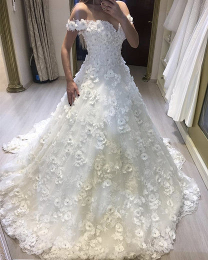 Luxurious Ball Gown Wedding Dress With 3D Lace Flowers Beaded
