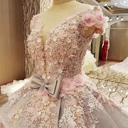 Luxurious Royal Train Lace Wedding Dresses Ball Gowns With Floral Flowers