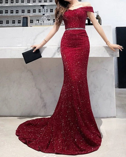 Luxurious Sequin Mermaid Prom Dresses Off Shoulder