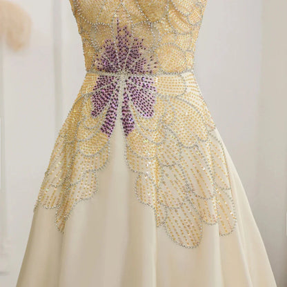 Elegant Ivory Beaded Prom Dress A-Line Evening Gown Satin Party Dress Long Formal Dress HZ1024