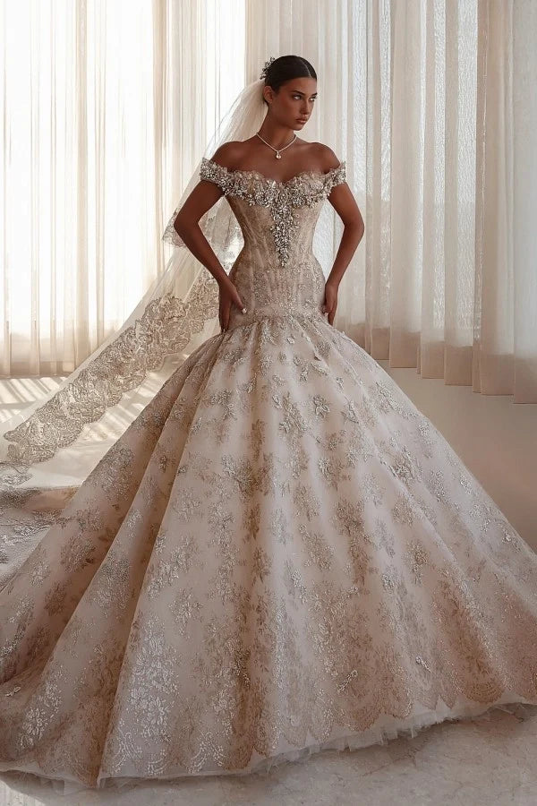 Luxury Off-the-Shoulder Mermaid Wedding Dress Lace with Crystals