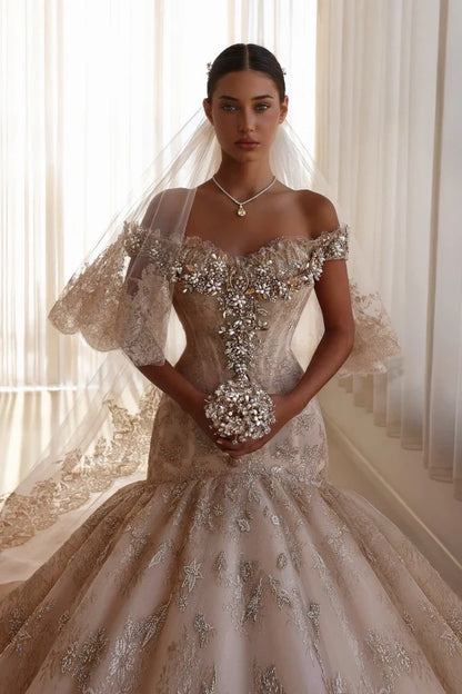 Luxury Off-the-Shoulder Mermaid Wedding Dress Lace with Crystals