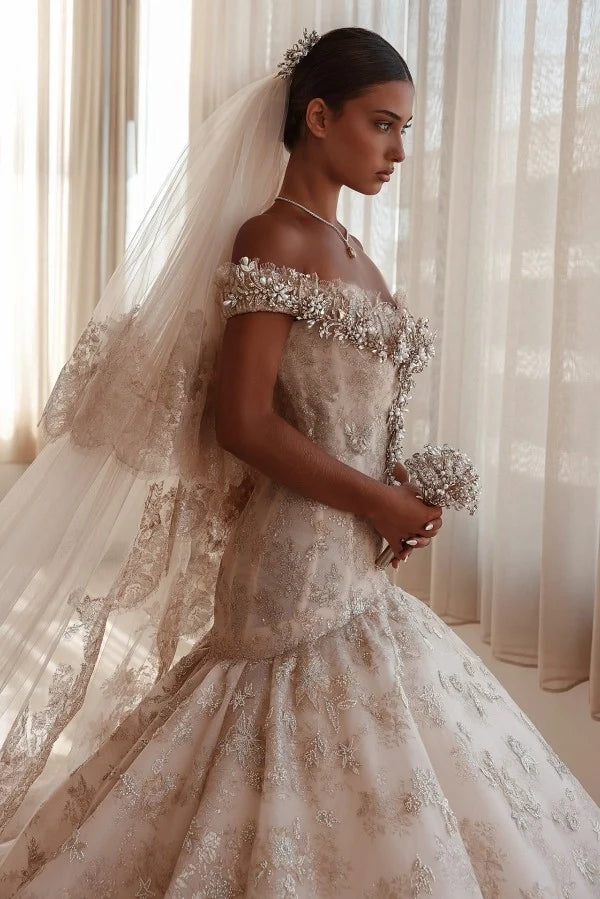 Luxury Off-the-Shoulder Mermaid Wedding Dress Lace with Crystals