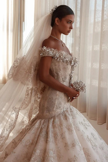 Luxury Off-the-Shoulder Mermaid Wedding Dress Lace with Crystals