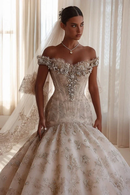 Luxury Off-the-Shoulder Mermaid Wedding Dress Lace with Crystals