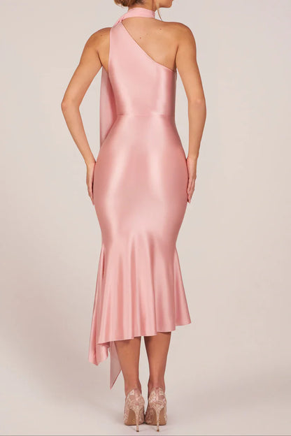 Luxury Blush Prom Dresses with Satin One Shoulder and Draped Scarf