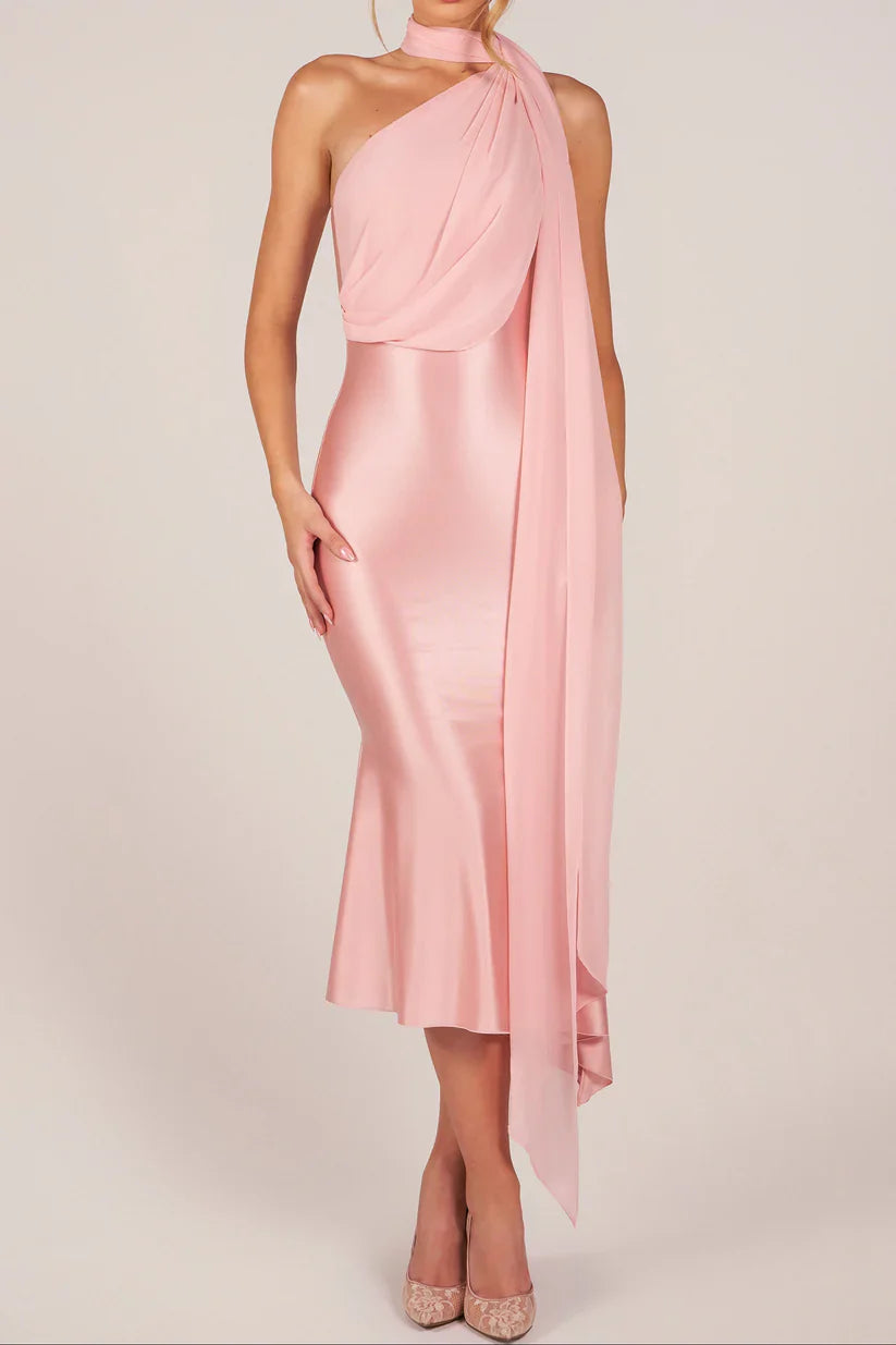 Luxury Blush Prom Dresses with Satin One Shoulder and Draped Scarf