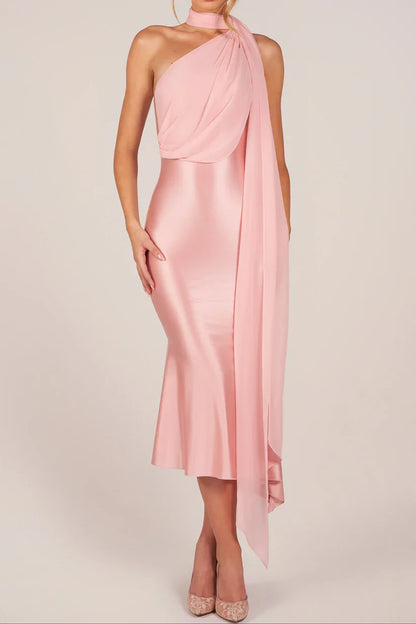 Luxury Blush Prom Dresses with Satin One Shoulder and Draped Scarf