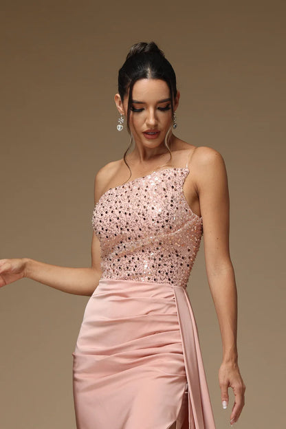 Luxury Blush Prom Dresses with Sequin Satin Fabric One Shoulder and Ruched High Slit