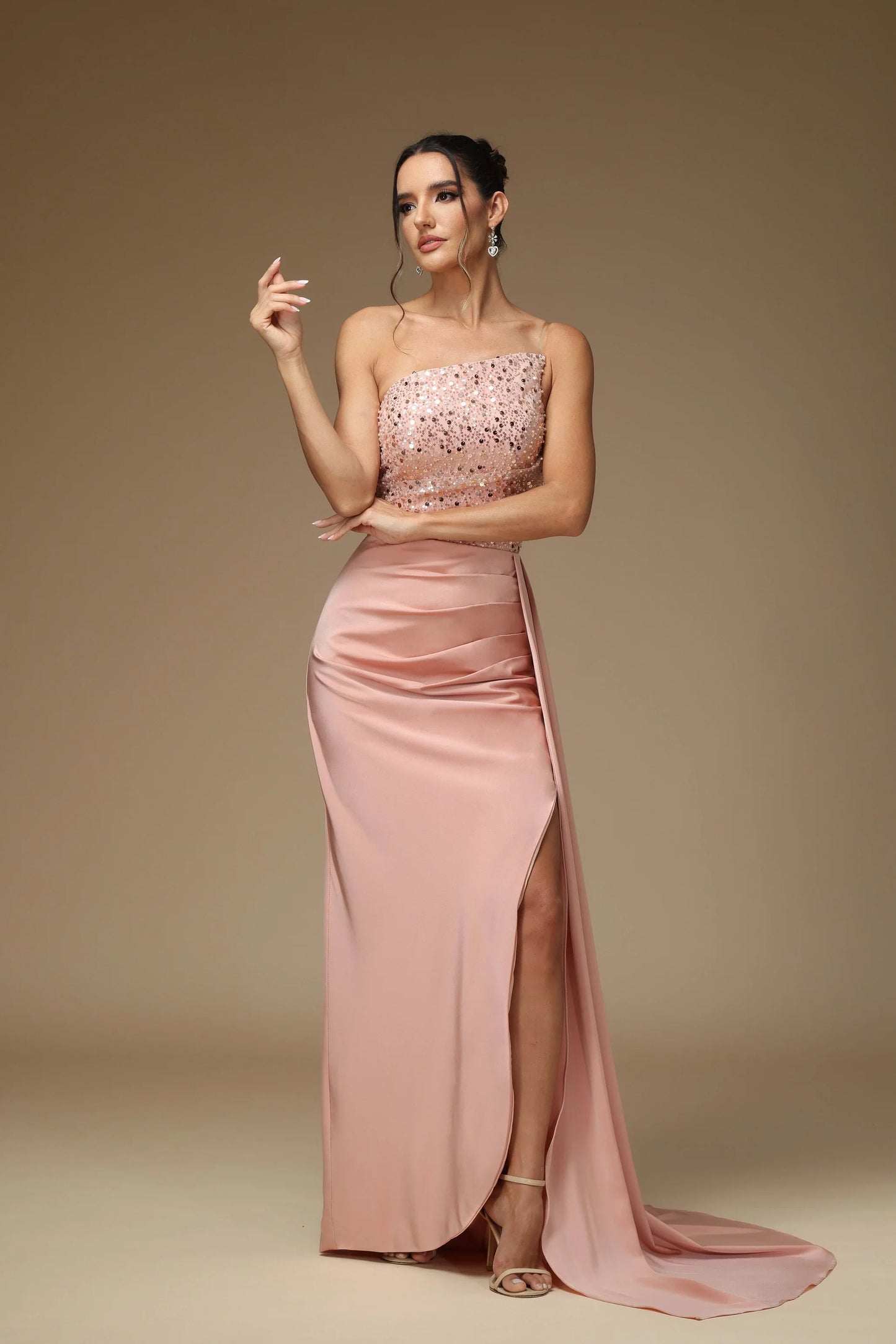 Luxury Blush Prom Dresses with Sequin Satin Fabric One Shoulder and Ruched High Slit