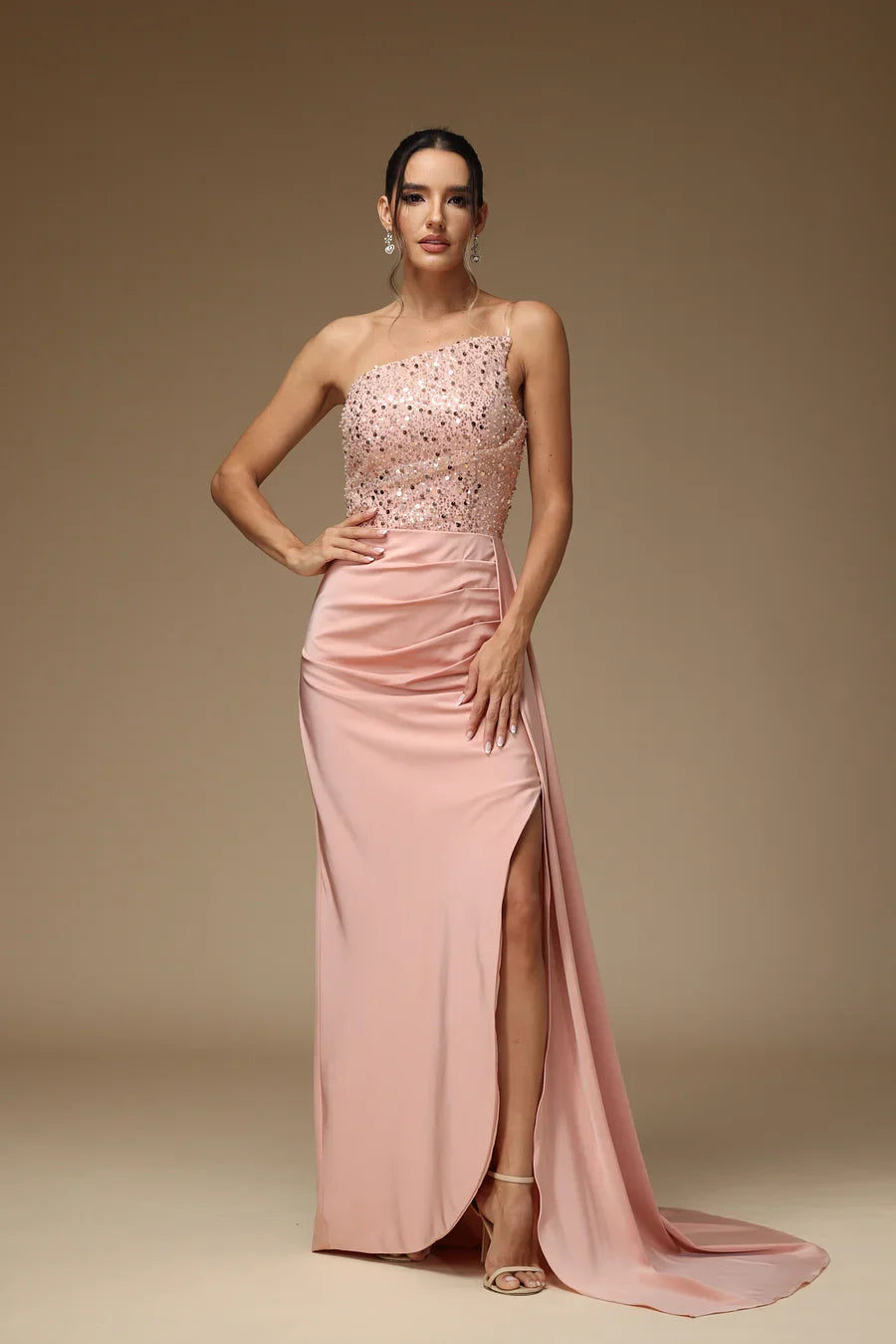 Luxury Blush Prom Dresses with Sequin Satin Fabric One Shoulder and Ruched High Slit