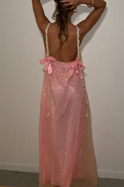 Luxury Pink Prom Dresses with Sequin Beaded Straps and Back Bows
