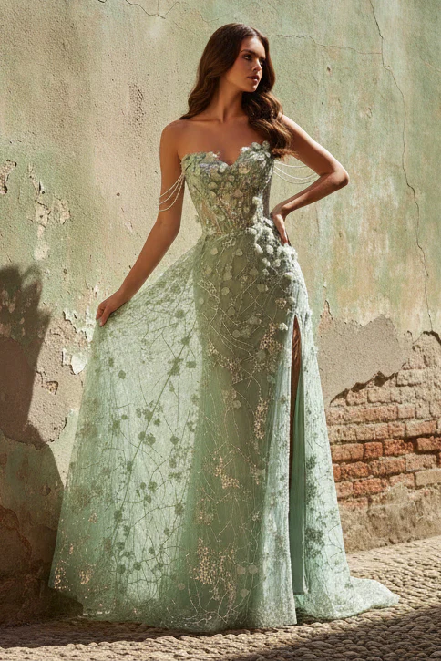 Luxury Sage Green Prom Dresses with 3D Floral Beaded Mermaid and Strapless Neckline