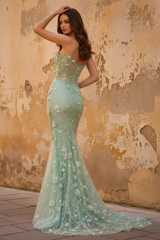 Luxury Sage Green Prom Dresses with 3D Floral Beaded Mermaid and Strapless Neckline