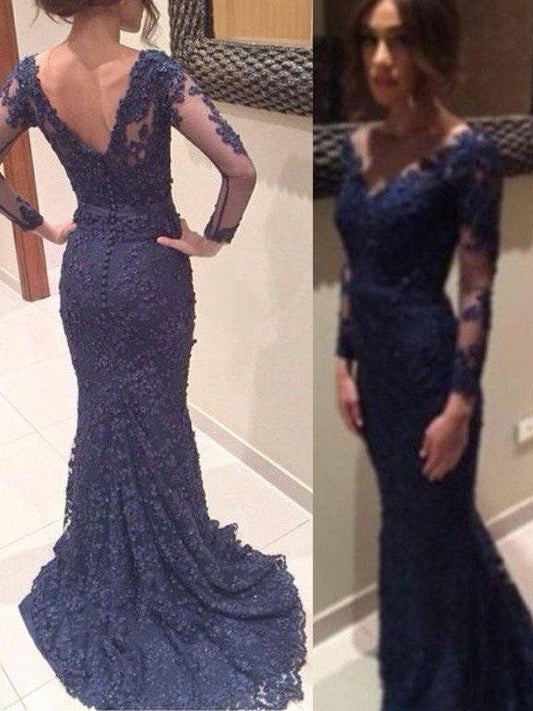 Trumpet/Mermaid V-neck Long Sleeves Applique Sweep/Brush Train Lace Dresses - RongMoon