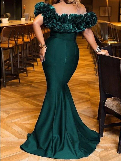 Mermaid / Trumpet Elegant Sexy Engagement Formal Evening Dress Off Shoulder Short Sleeve Sweep / Brush Train Stretch Satin with Sleek - RongMoon