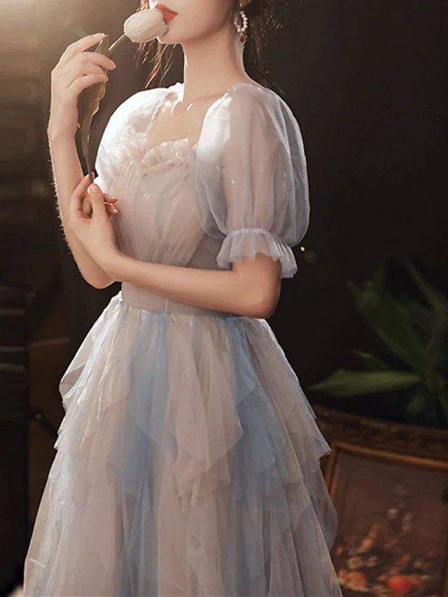 A-Line Color Block Elegant Wedding Guest Prom Dress Scoop Neck Half Sleeve Floor Length Tulle with Pleats Ruffles - RongMoon