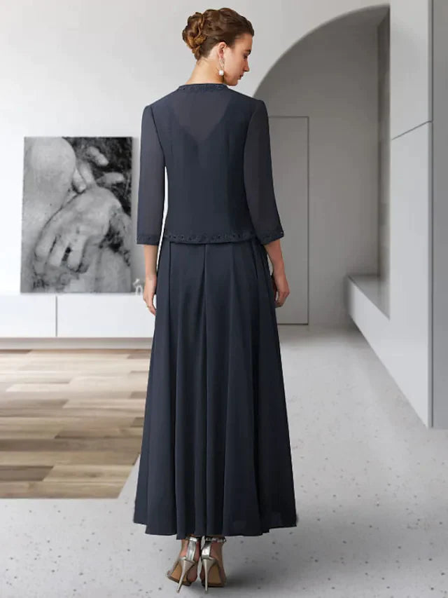 Two Piece A-Line Mother of the Bride Dress Elegant V Neck Ankle Length Chiffon Lace Sleeveless with Sash Ribbon Pleats