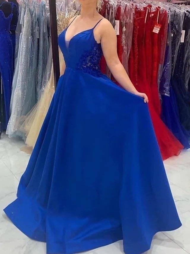 A-Line Sexy Engagement Prom Dress V Neck Sleeveless Sweep / Brush Train Satin with Sleek - RongMoon