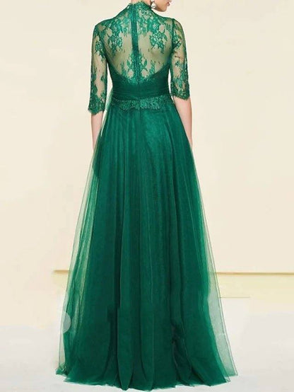 A-Line Mother of the Bride Dress Elegant High Neck Floor Length Chiffon Lace Half Sleeve with Lace Pleats Appliques - RongMoon