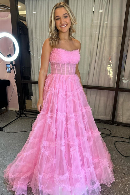 Magenta Strapless Ruffles A-Line Long Formal Dress with Puff Sleeves