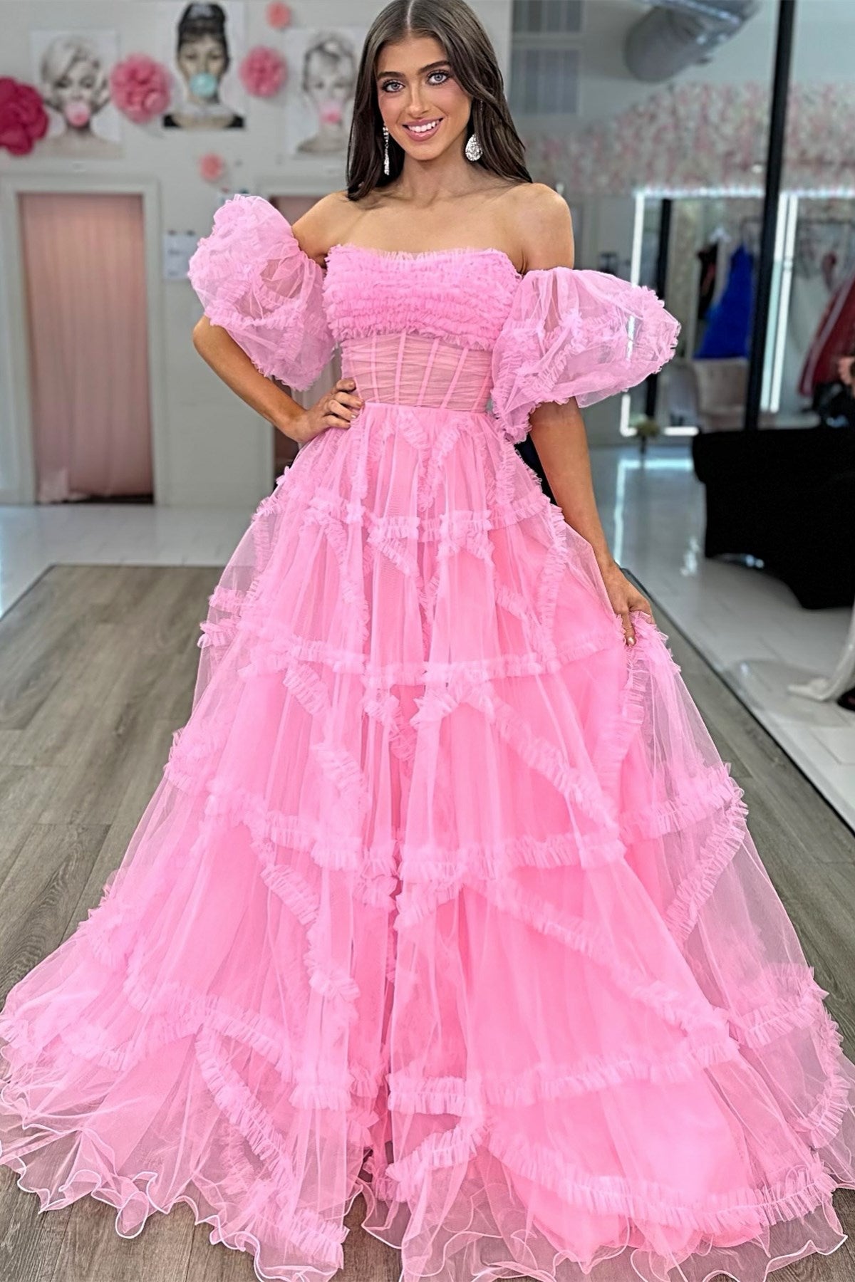 Magenta Strapless Ruffles A-Line Long Formal Dress with Puff Sleeves