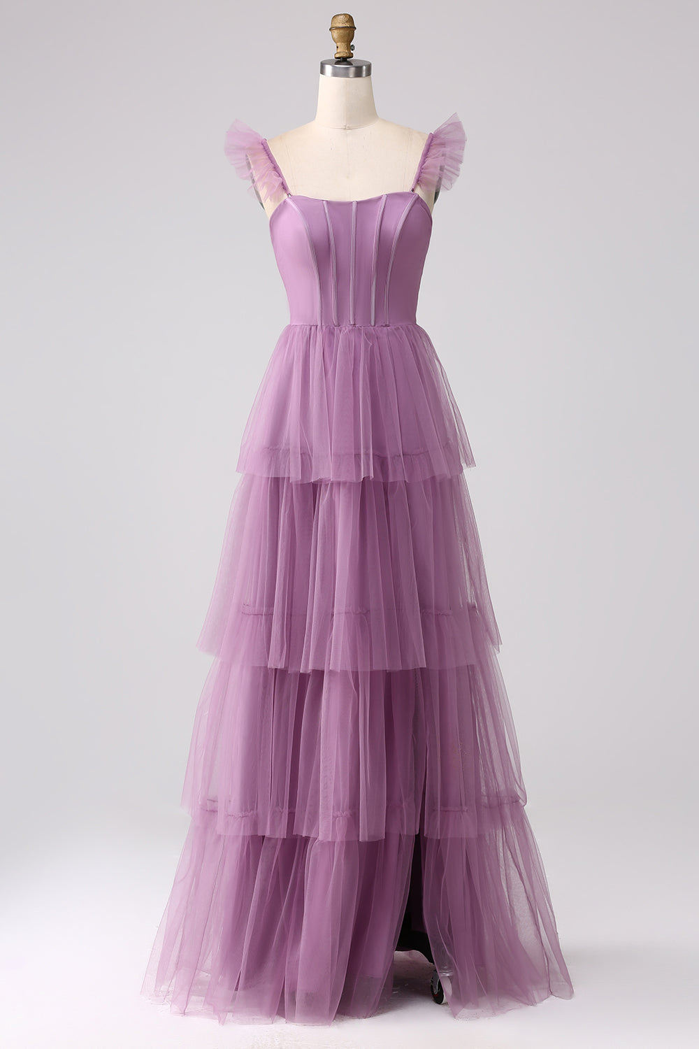 Smoky Blue Tiered A-Line Long Prom Dress with Flutter Sleeves