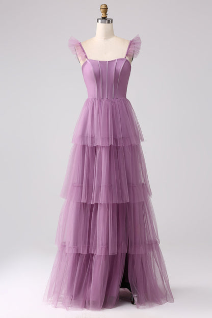 Smoky Blue Tiered A-Line Long Prom Dress with Flutter Sleeves