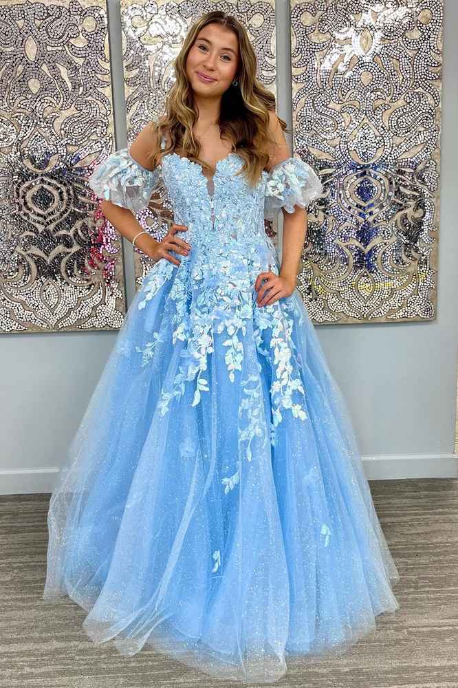 A-Line Appliques Plunge V Long Prom Dress with  Detachable Sleeves