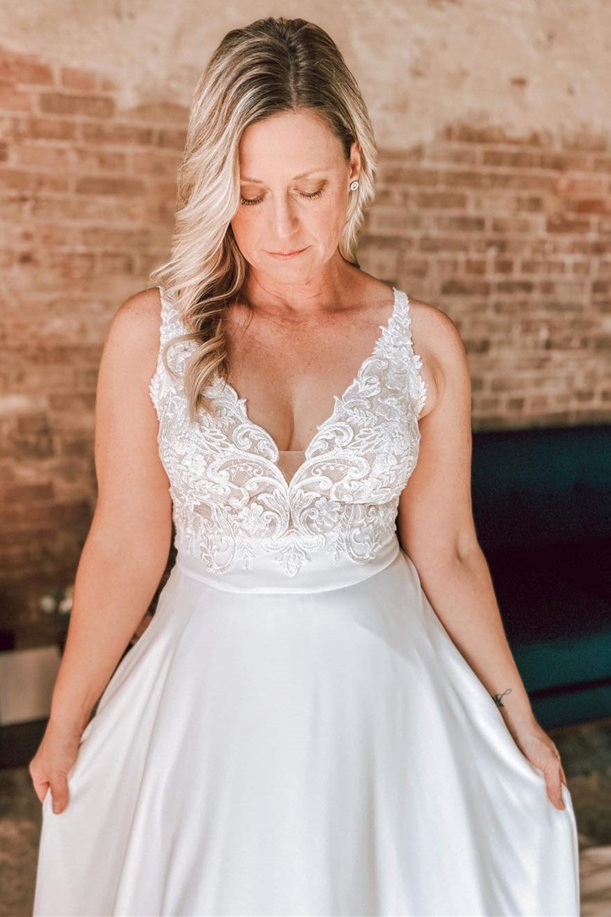 White Floral Lace Open Back Long Bridal Gown