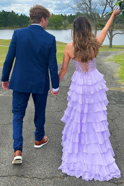 Royal Blue Chiffon Sweetheart Ruffle Tiered Long Prom Dress