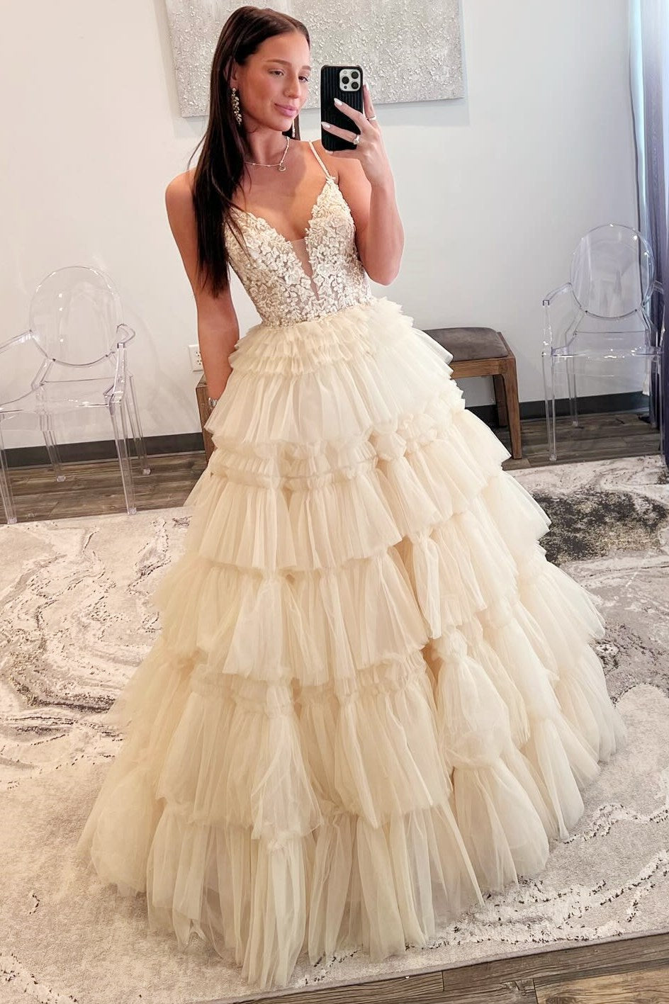 Spaghetti Strap V-Neck Sleeveless Ruffle Tiered Tulle Long Ball Gown
