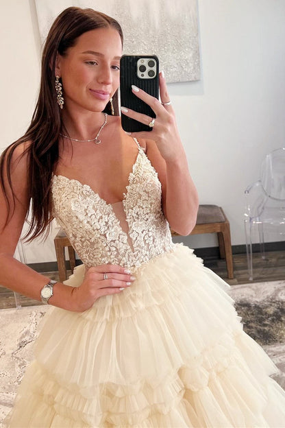 Spaghetti Strap V-Neck Sleeveless Ruffle Tiered Tulle Long Ball Gown