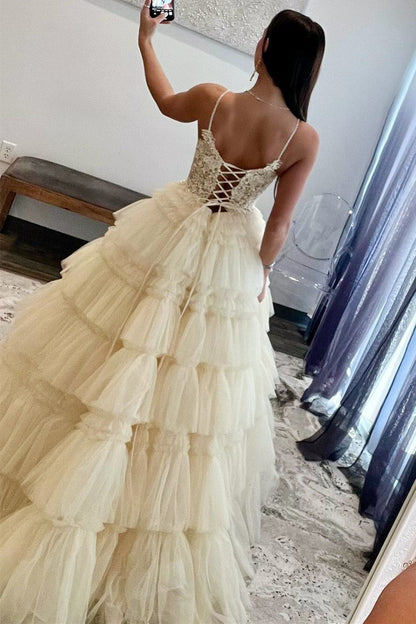 Spaghetti Strap V-Neck Sleeveless Ruffle Tiered Tulle Long Ball Gown
