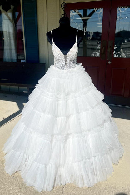 Spaghetti Strap V-Neck Sleeveless Ruffle Tiered Tulle Long Ball Gown
