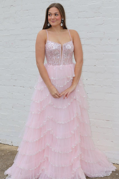 A-Line Sequin Lace Spaghetti Strap Ruffle Tiered Long Prom Dress