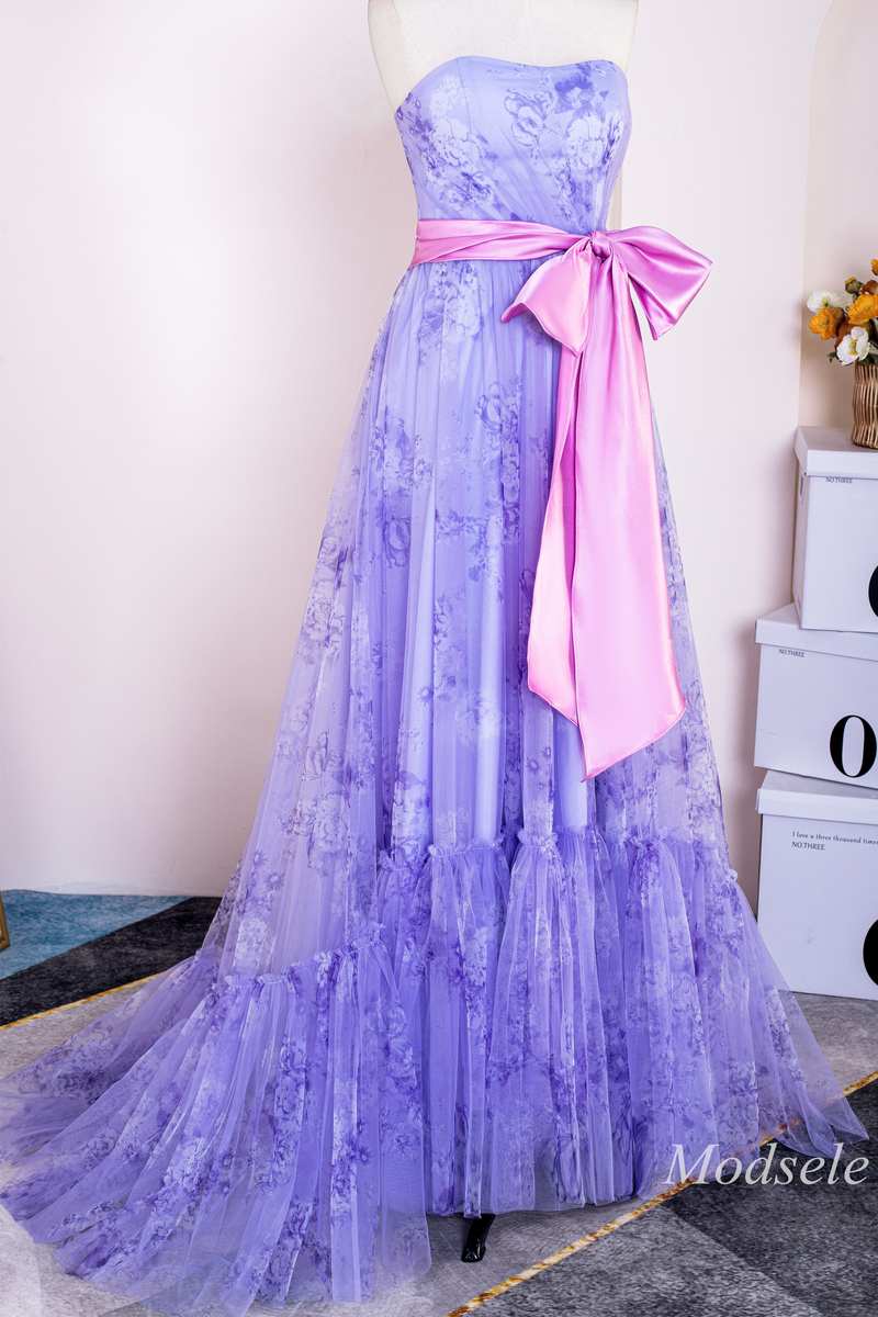 Lavender Print Strapless Bow Front A-Line Long Prom Dress