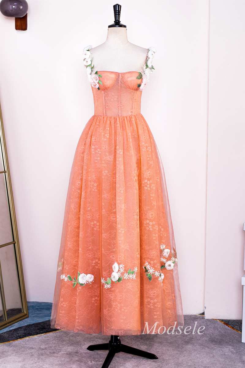 Orange Lace 3D Floral Lace Corset A-Line Long Prom Dress