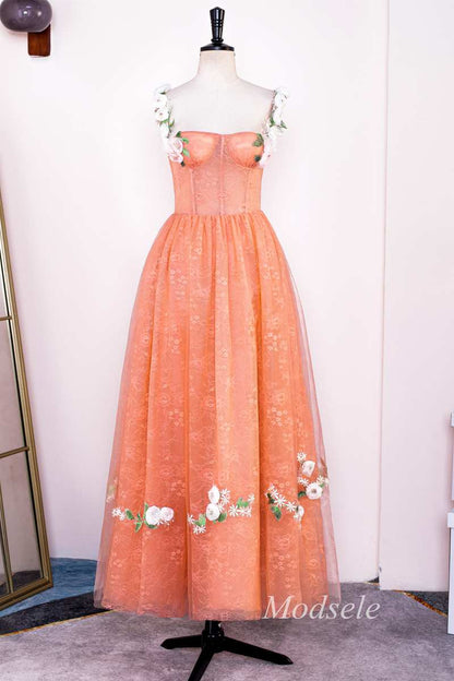 Orange Lace 3D Floral Lace Corset A-Line Long Prom Dress