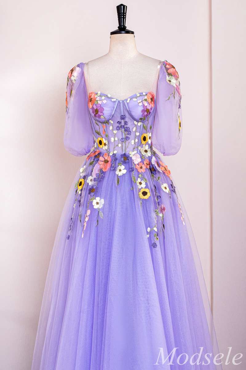 Lavender Floral Appliques Sweetheart A-Line Long Prom Dress