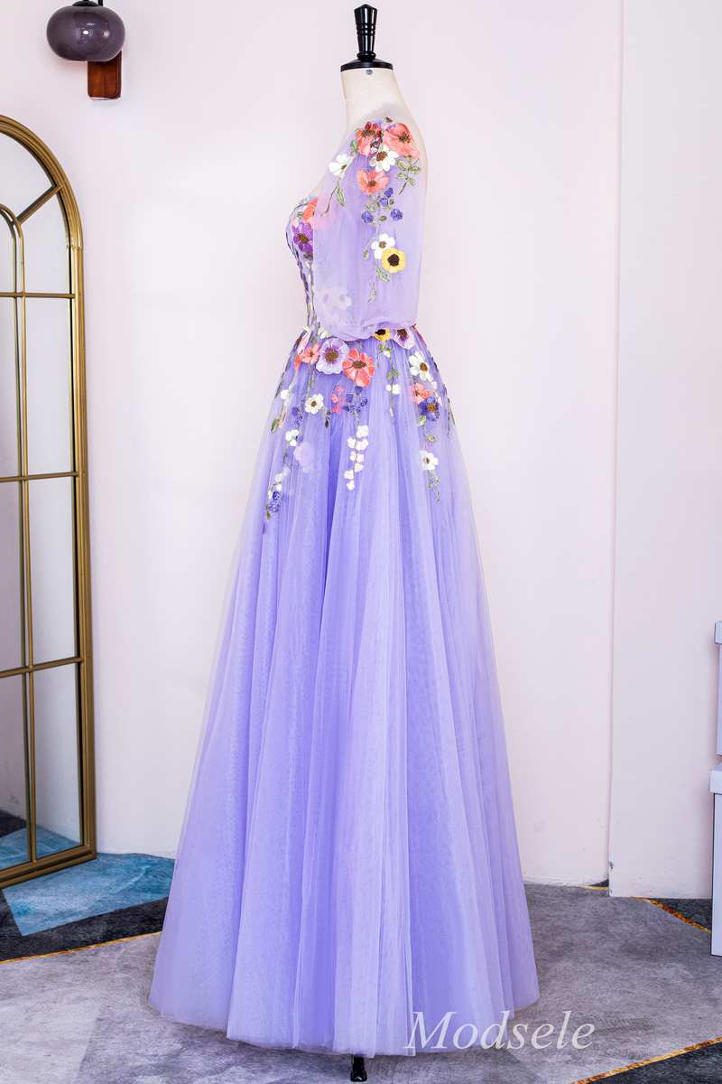 Lavender Floral Appliques Sweetheart A-Line Long Prom Dress