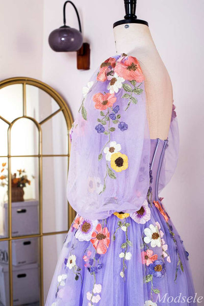 Lavender Floral Appliques Sweetheart A-Line Long Prom Dress